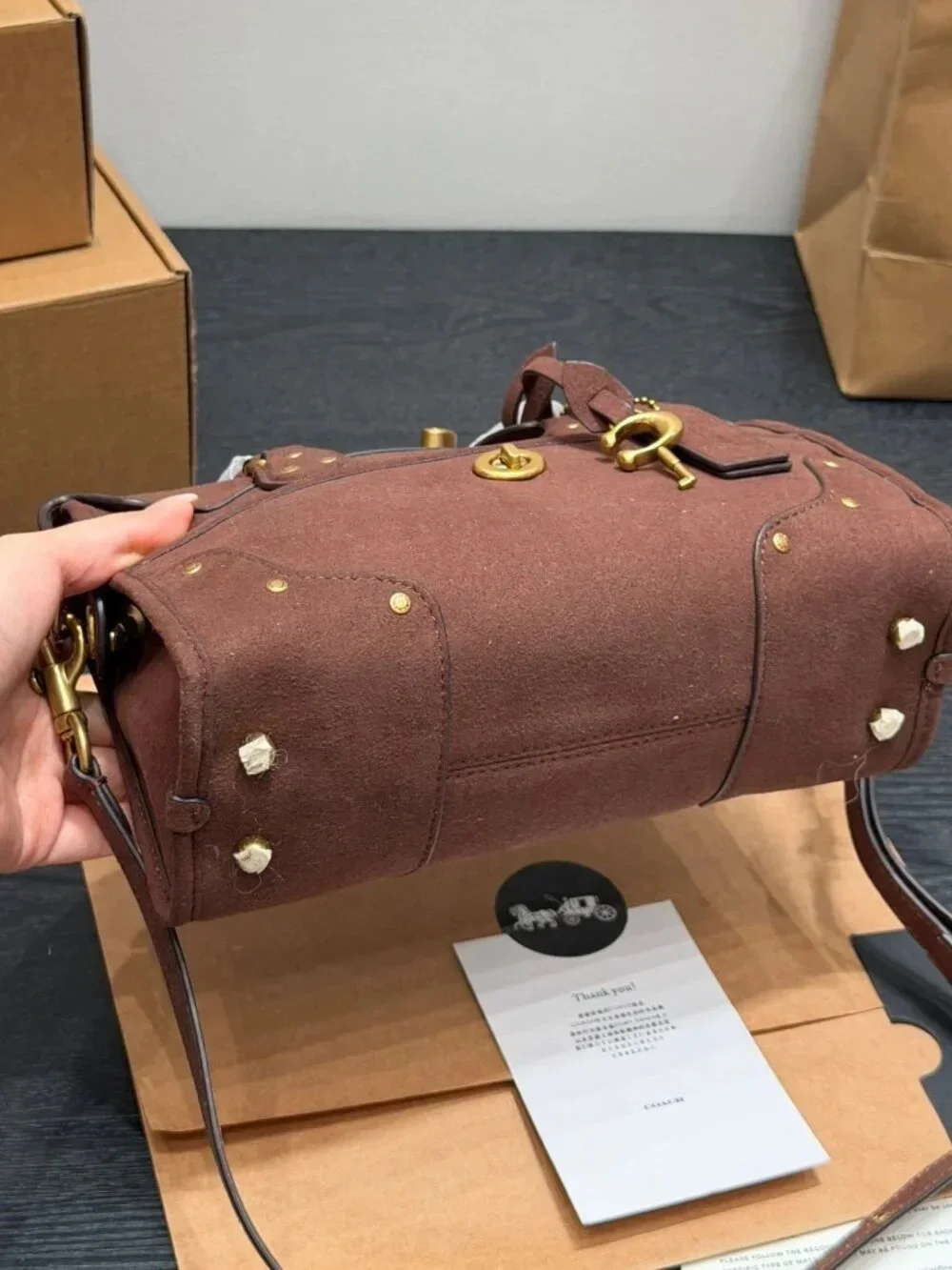 Coach Brown Suede Satchel with Gold-Tone Hardware
